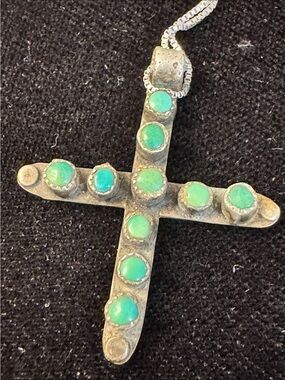 Vintage Sterling Silver Turquoise Cross Pendant with Round Cabochons - 1.5”